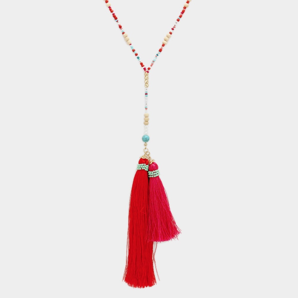 Multi Color Beaded Asymmetrical Tassel Necklace